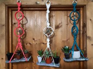 Macrame Plant Holder - Pink, White & Blue with Ceramic Foot