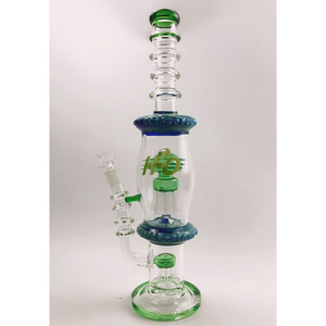 16" H20 Glass Bong with Bent Neck and Stage Percolators - Green & Blue